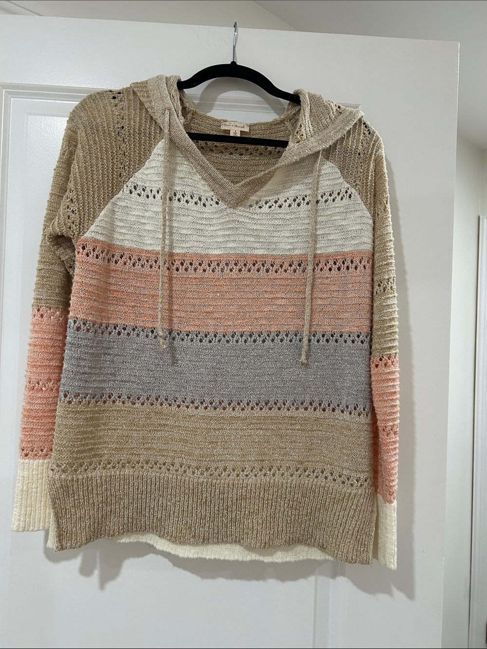 Cozy Striped Hooded Sweater - Beige, Cream & Peach